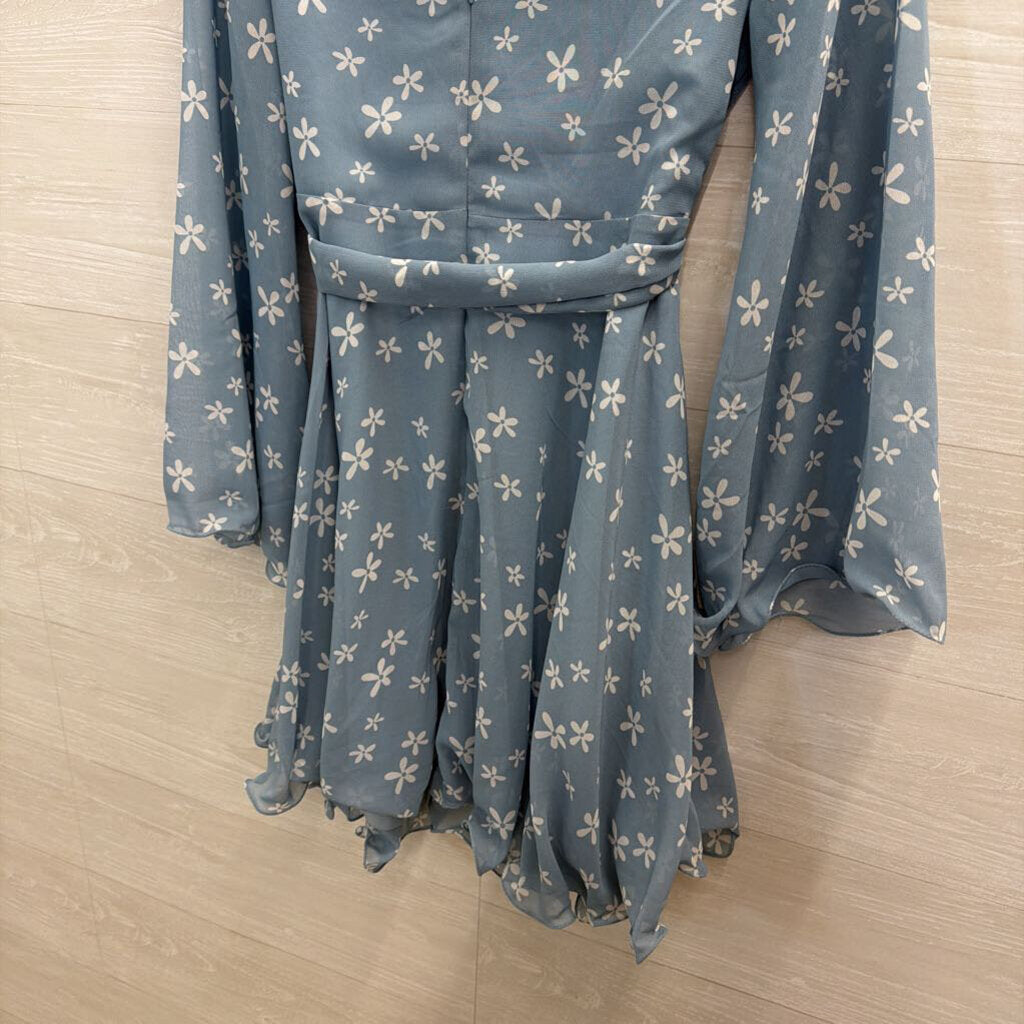 Blue/ White Flower Print Long Sleeve Dress 6