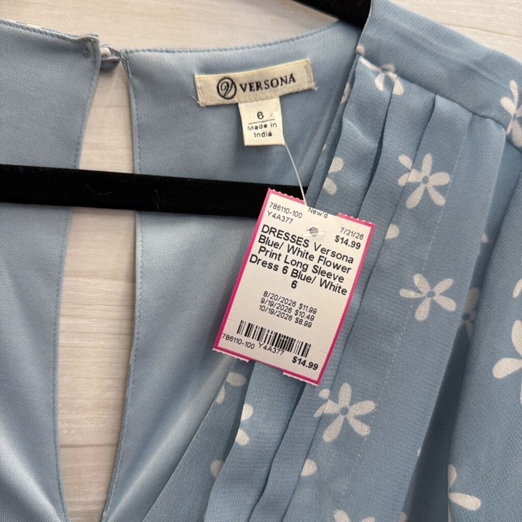 Blue/ White Flower Print Long Sleeve Dress 6