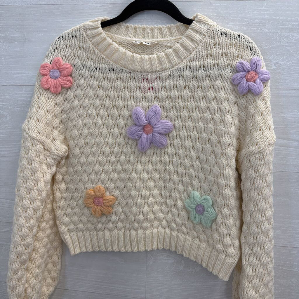 New In Cream/ Multi Flower Detail Cropped Sweater Top Small