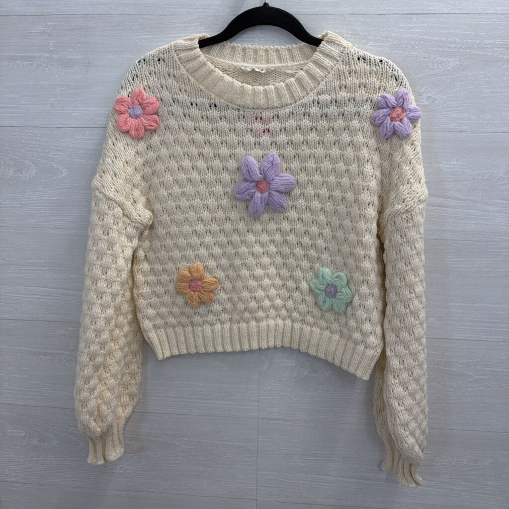 New In Cream/ Multi Flower Detail Cropped Sweater Top Small
