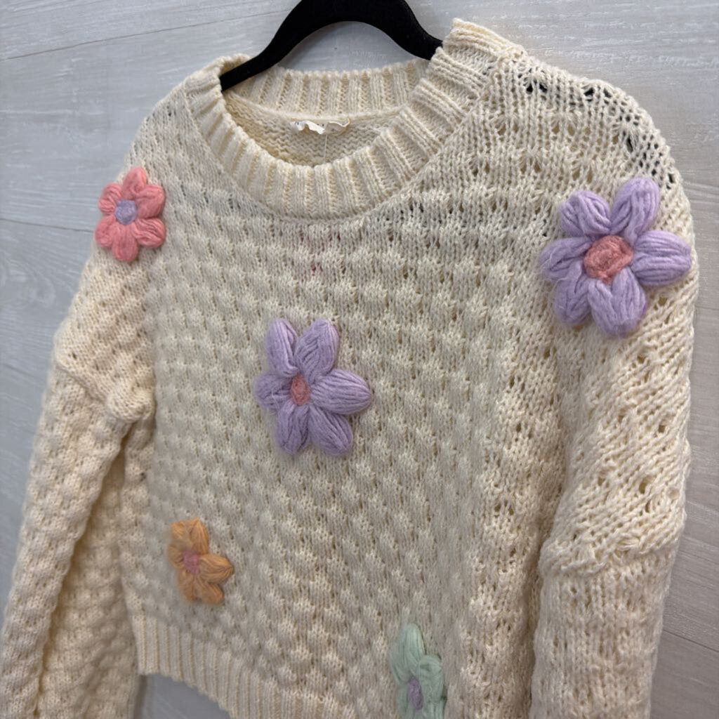 New In Cream/ Multi Flower Detail Cropped Sweater Top Small
