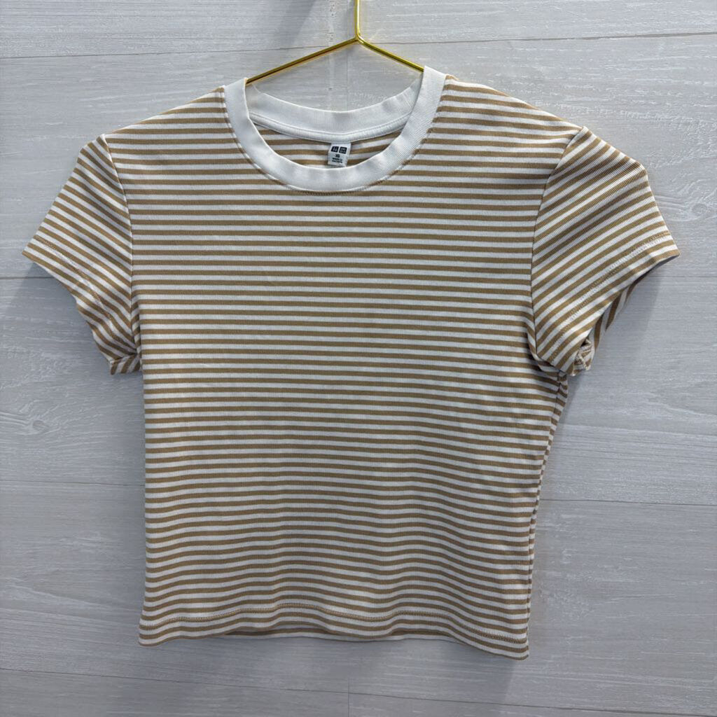 Brown/ White Striped Cropped Short Sleeve Top Extra Small