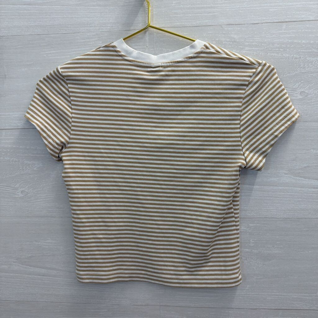 Brown/ White Striped Cropped Short Sleeve Top Extra Small
