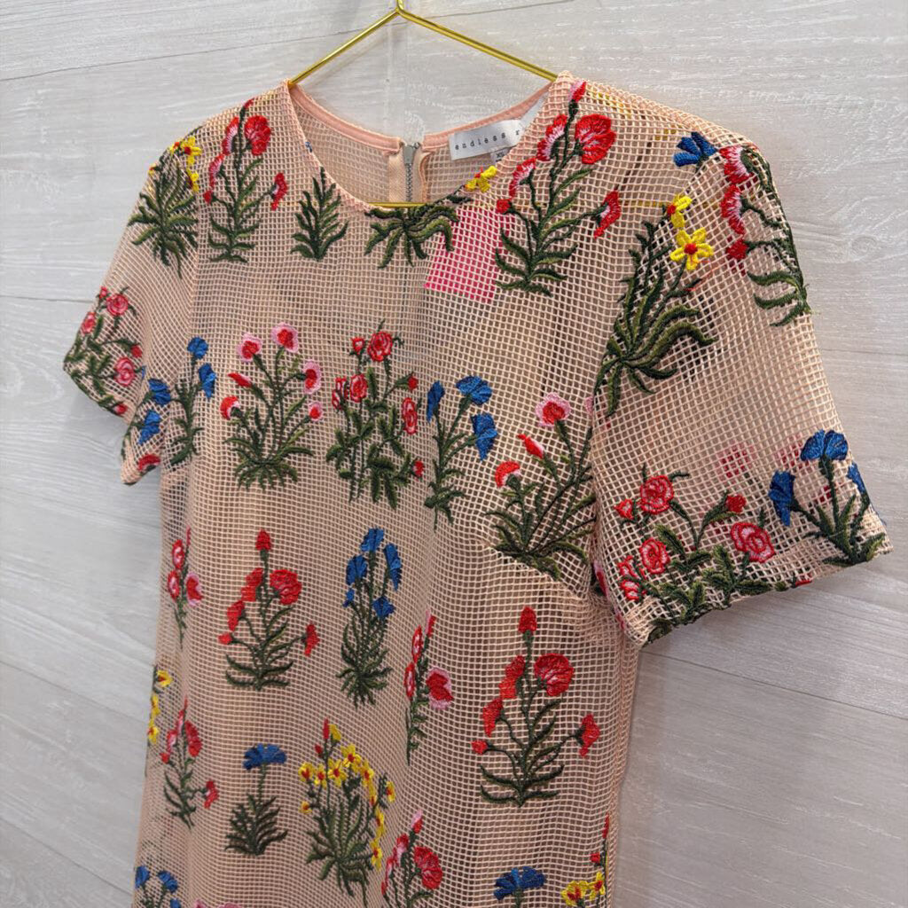 Endless Rose Tan Dress with Embroidered Flowers Extra Small