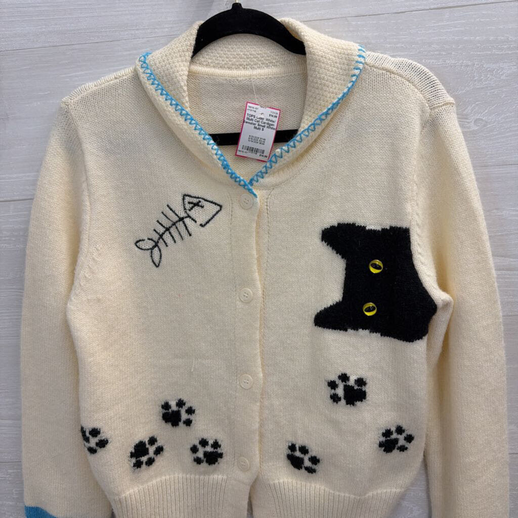 White/ Multi Cat Cardigan Sweater Small