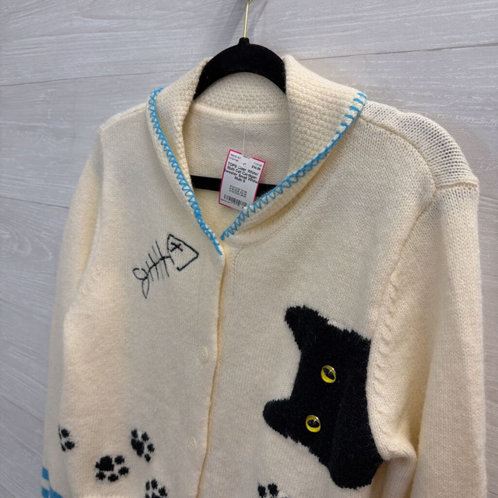 White/ Multi Cat Cardigan Sweater Small