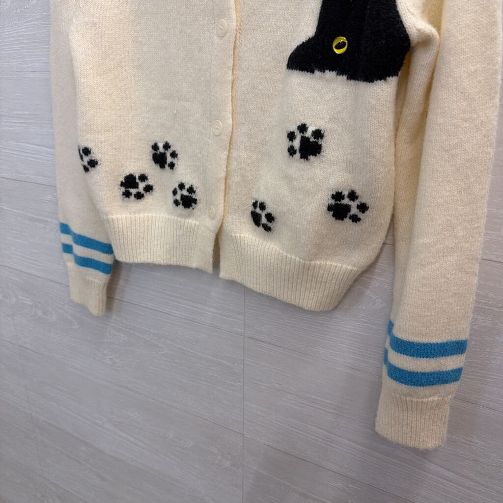 White/ Multi Cat Cardigan Sweater Small