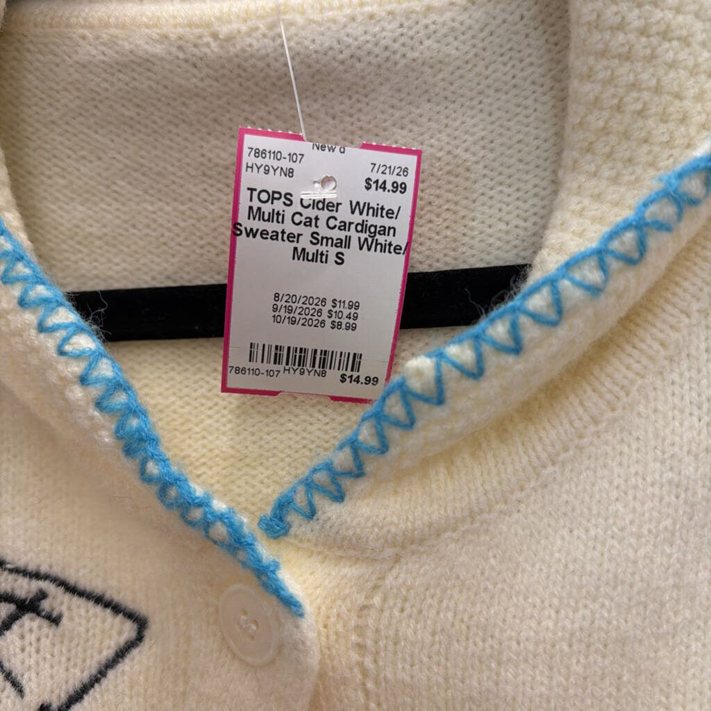 White/ Multi Cat Cardigan Sweater Small