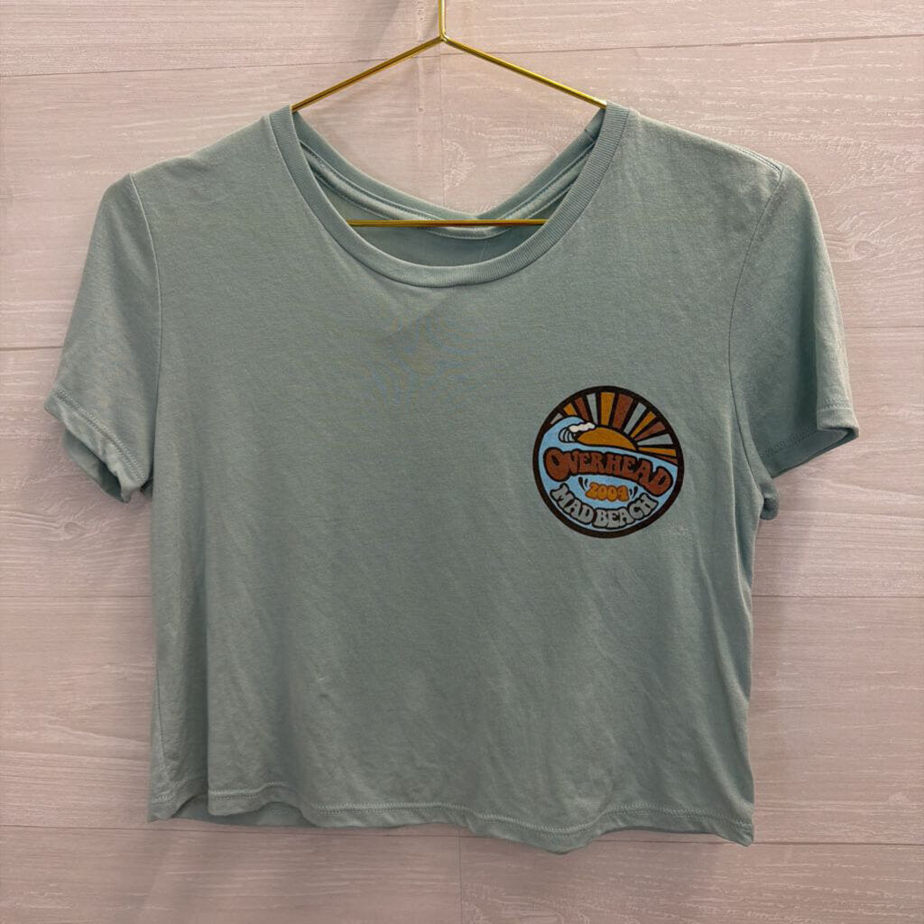 Blue/ Multi Overhead Mad Beach Cropped Short Sleeve Graphic Tee Small