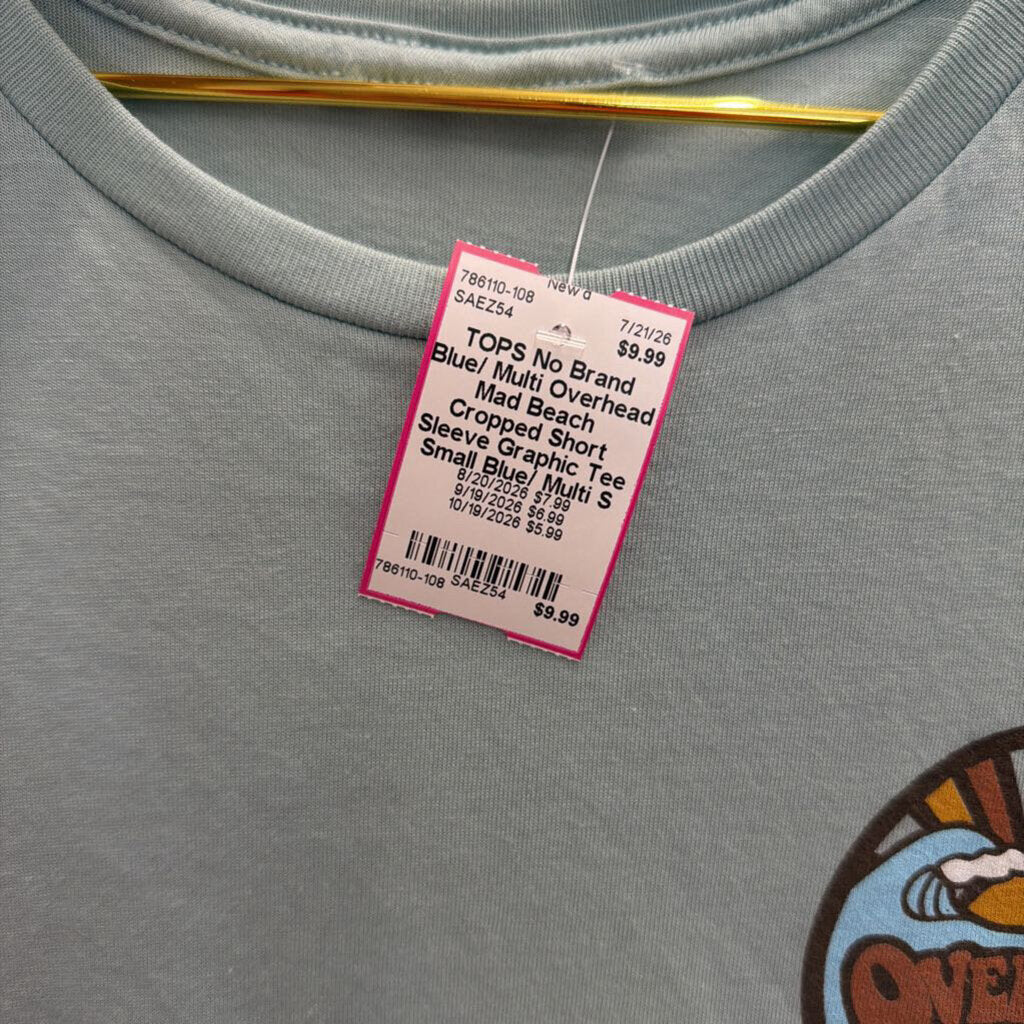 Blue/ Multi Overhead Mad Beach Cropped Short Sleeve Graphic Tee Small