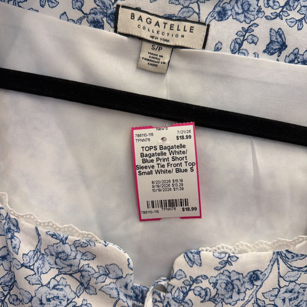 Bagatelle White/ Blue Print Short Sleeve Tie Front Top Small
