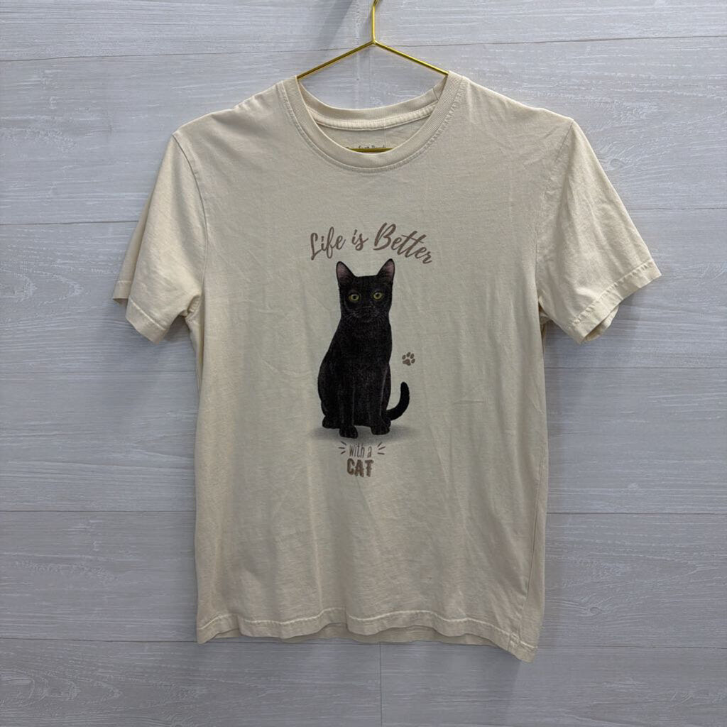 Cream/ Multi Life Is Better With A Cat Short Sleeve Graphic Tee Small