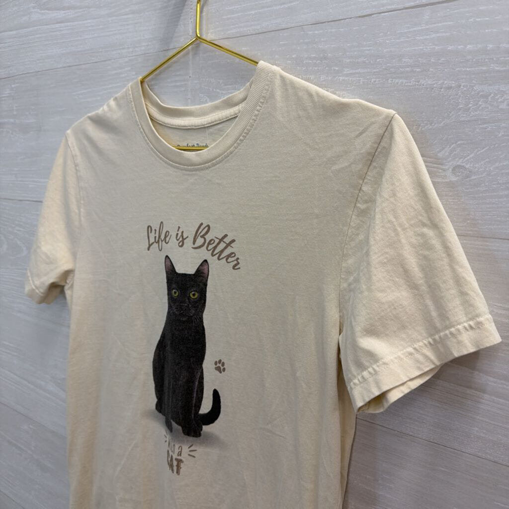 Cream/ Multi Life Is Better With A Cat Short Sleeve Graphic Tee Small