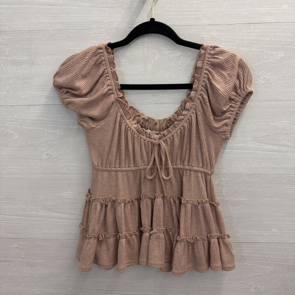 Altar'd State Muave Pink Ribbed Short Puff Sleeve Top Extra Small