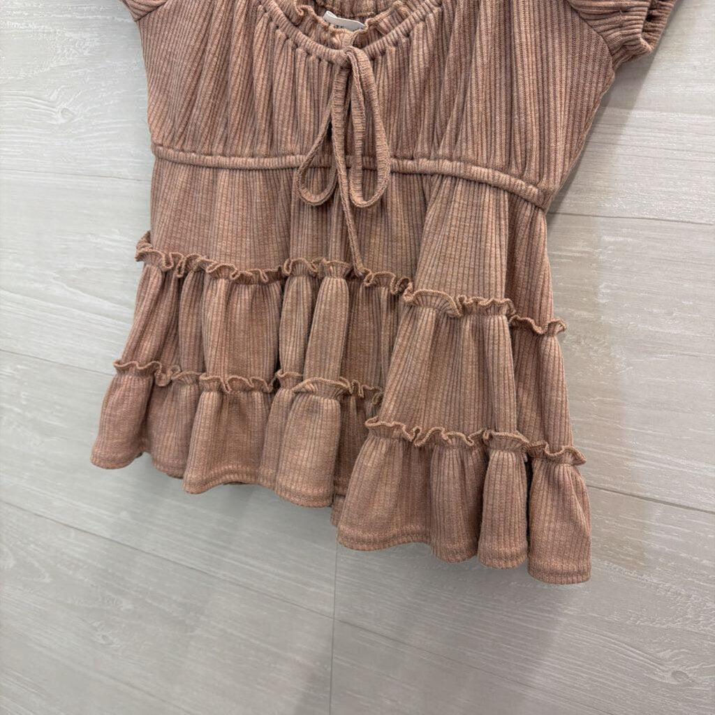 Altar'd State Muave Pink Ribbed Short Puff Sleeve Top Extra Small
