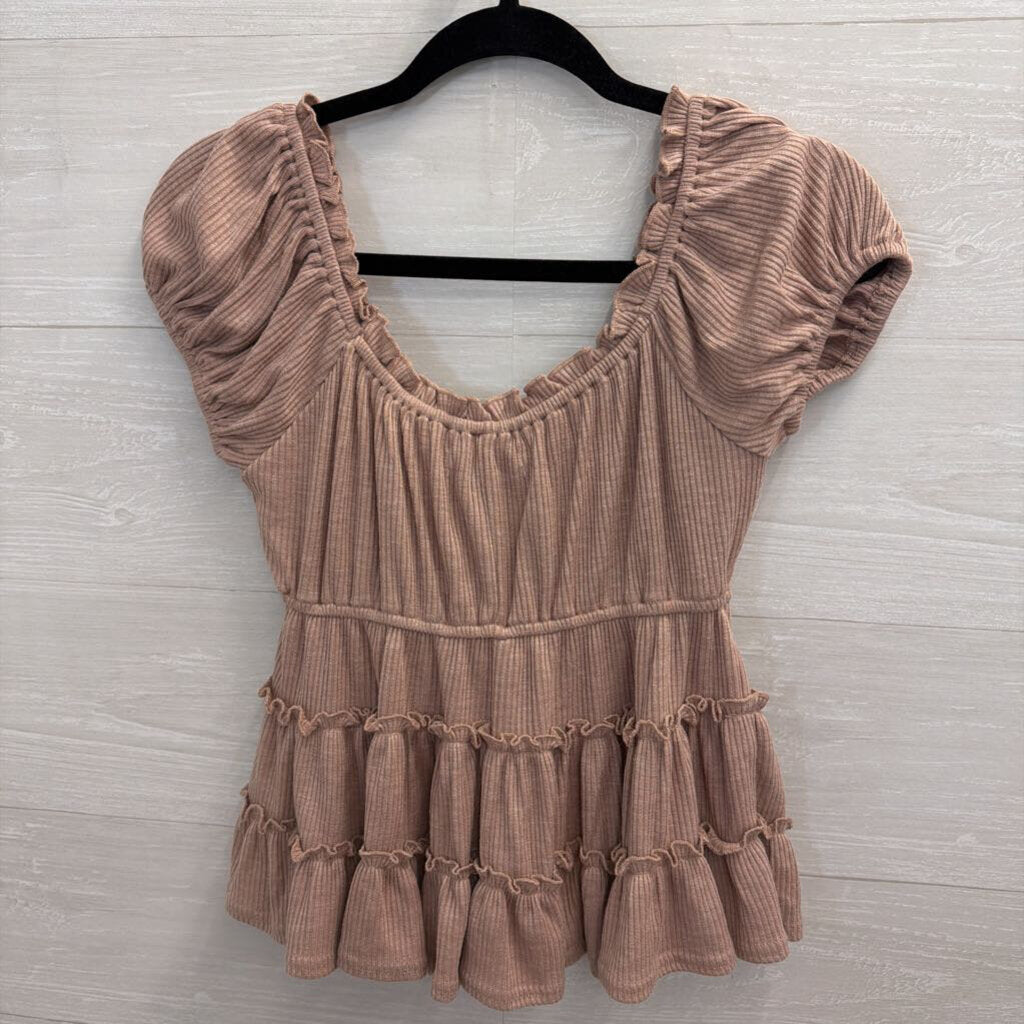 Altar'd State Muave Pink Ribbed Short Puff Sleeve Top Extra Small