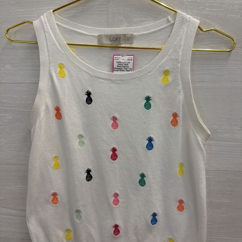 Loft White/ Multi Embroidered Pineapple Tank Top Small