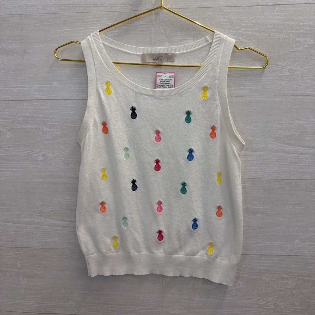 Loft White/ Multi Embroidered Pineapple Tank Top Small