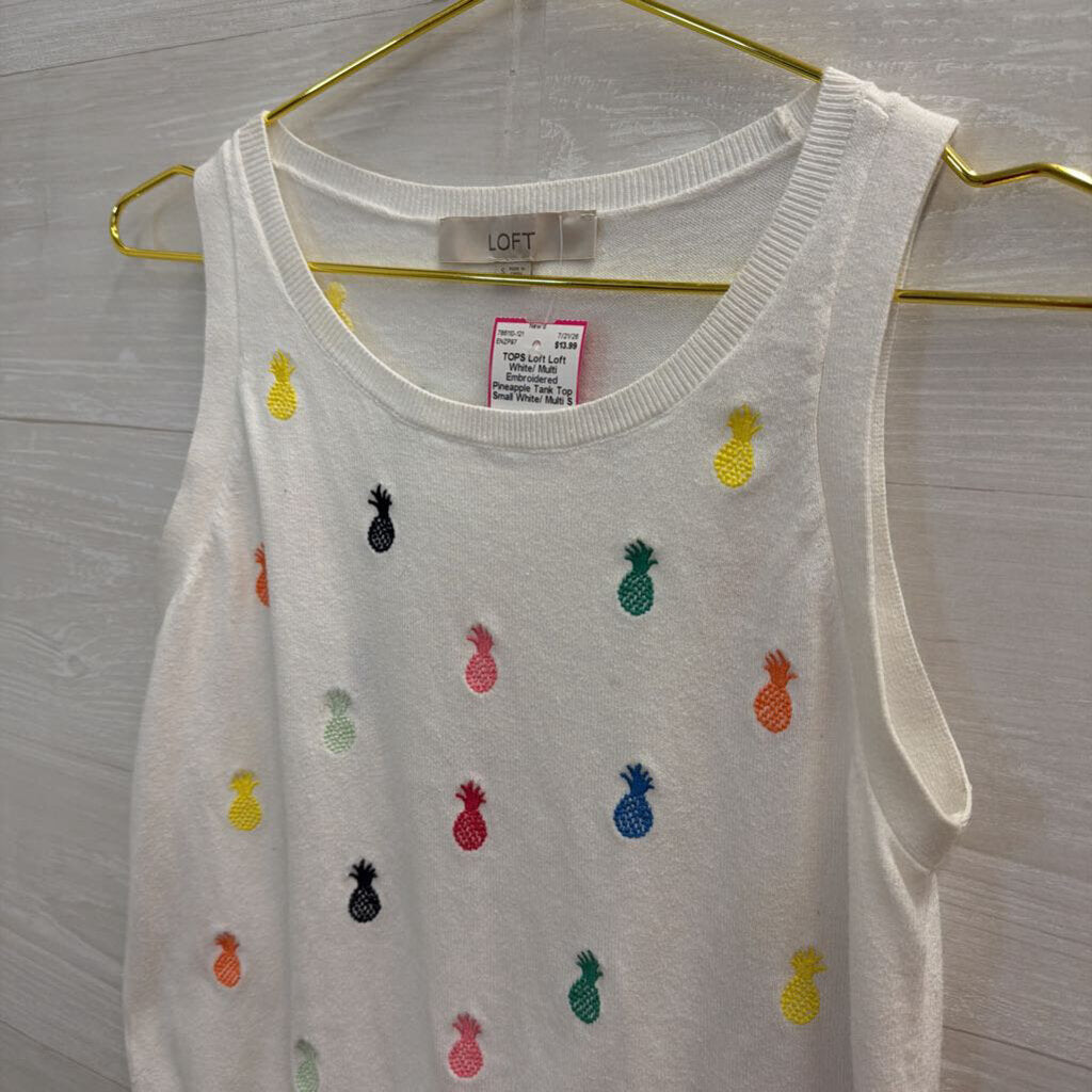 Loft White/ Multi Embroidered Pineapple Tank Top Small
