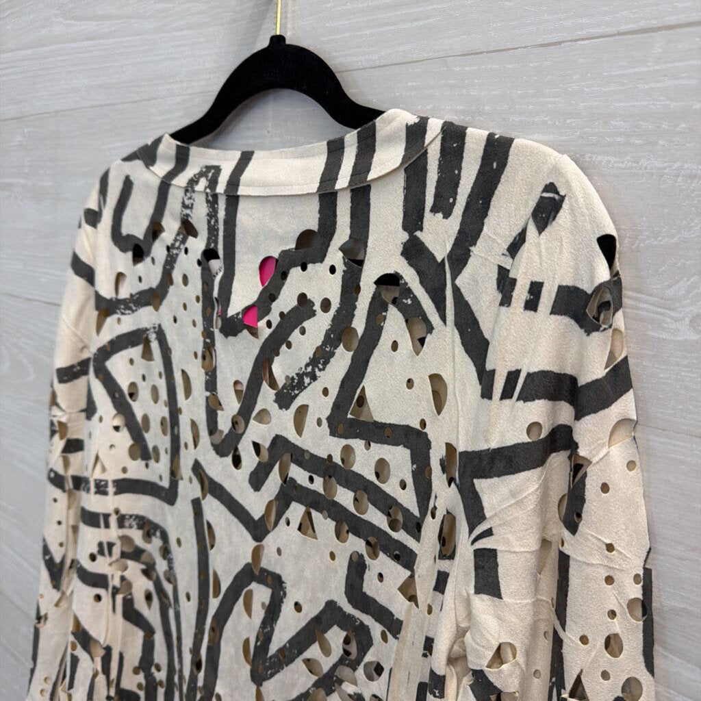 Origami Soft Cream/ Grey Cutout Print Suede Top Small
