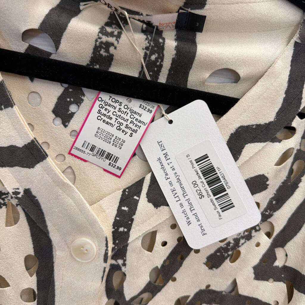 Origami Soft Cream/ Grey Cutout Print Suede Top Small