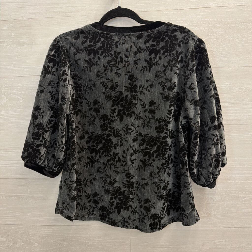 Umgee Black Velvet Print Short Puff Sleeve Top Small