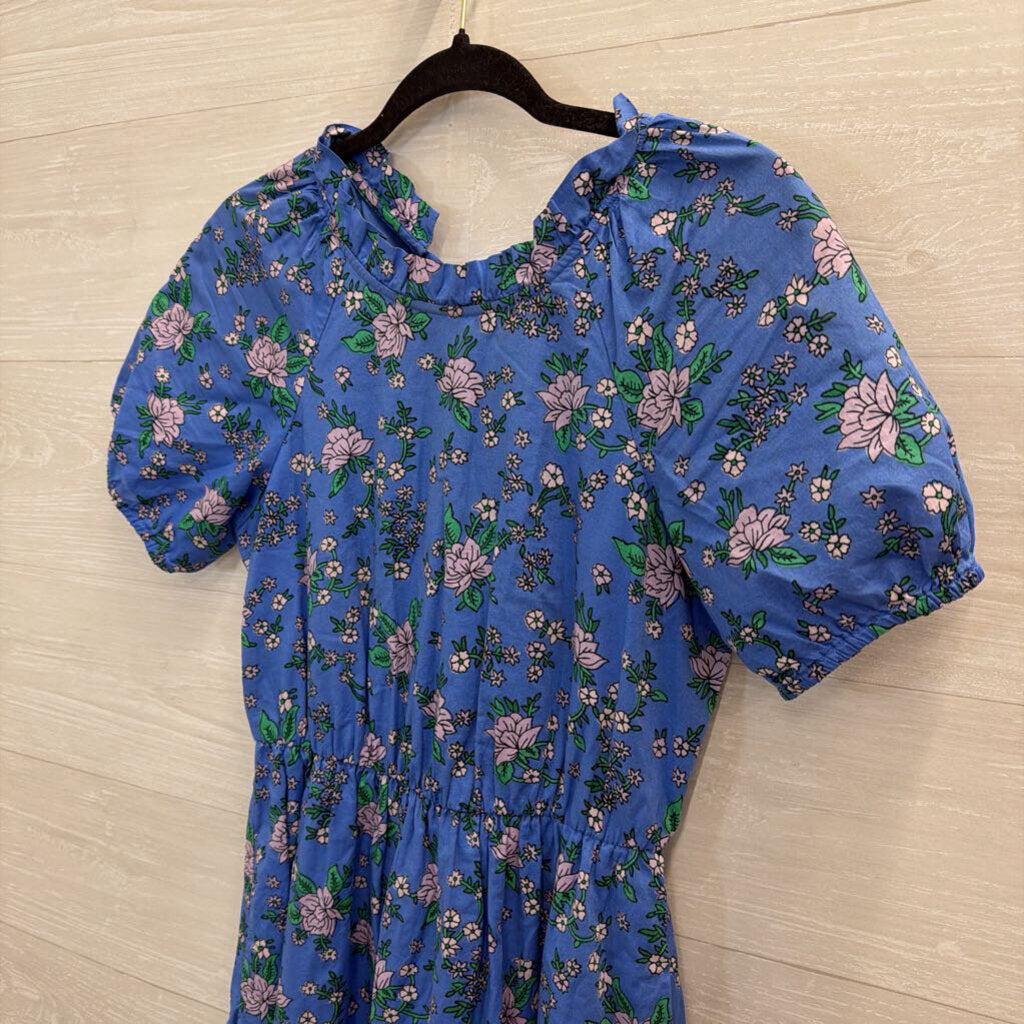 J Crew Blue/ Pink Floral Print Short Puff Sleeve Dress 0