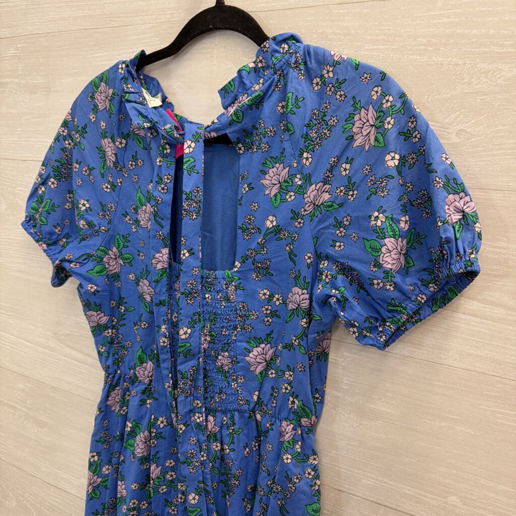 J Crew Blue/ Pink Floral Print Short Puff Sleeve Dress 0