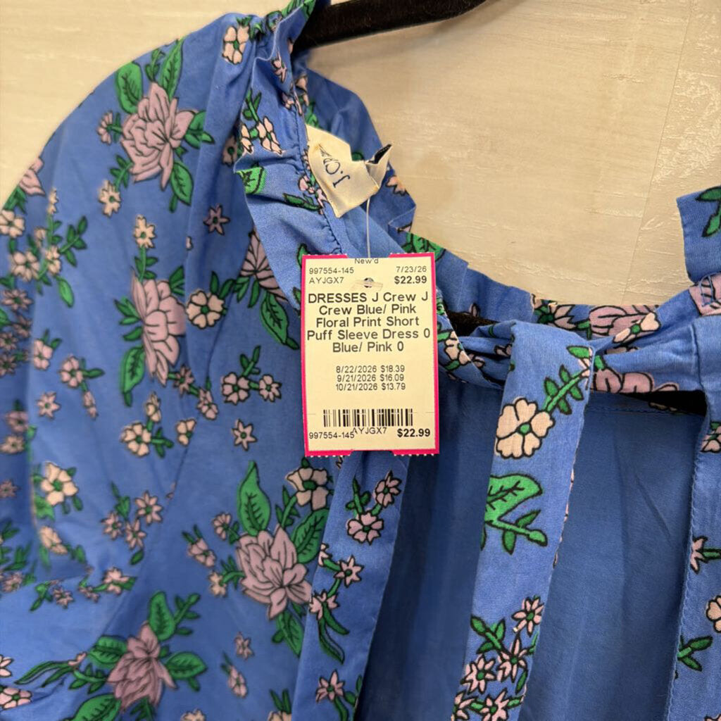 J Crew Blue/ Pink Floral Print Short Puff Sleeve Dress 0