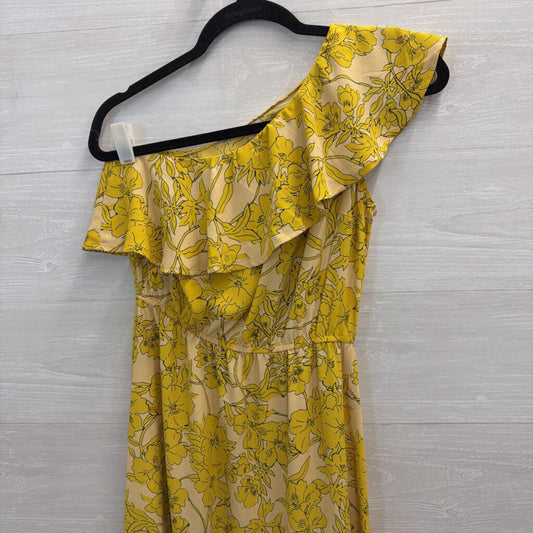 Yellow Floral Print One Shoulder Midi Dress Small
