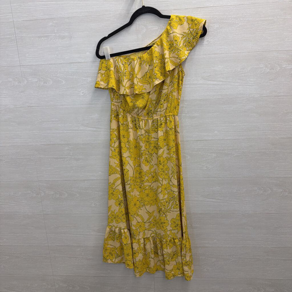 Yellow Floral Print One Shoulder Midi Dress Small