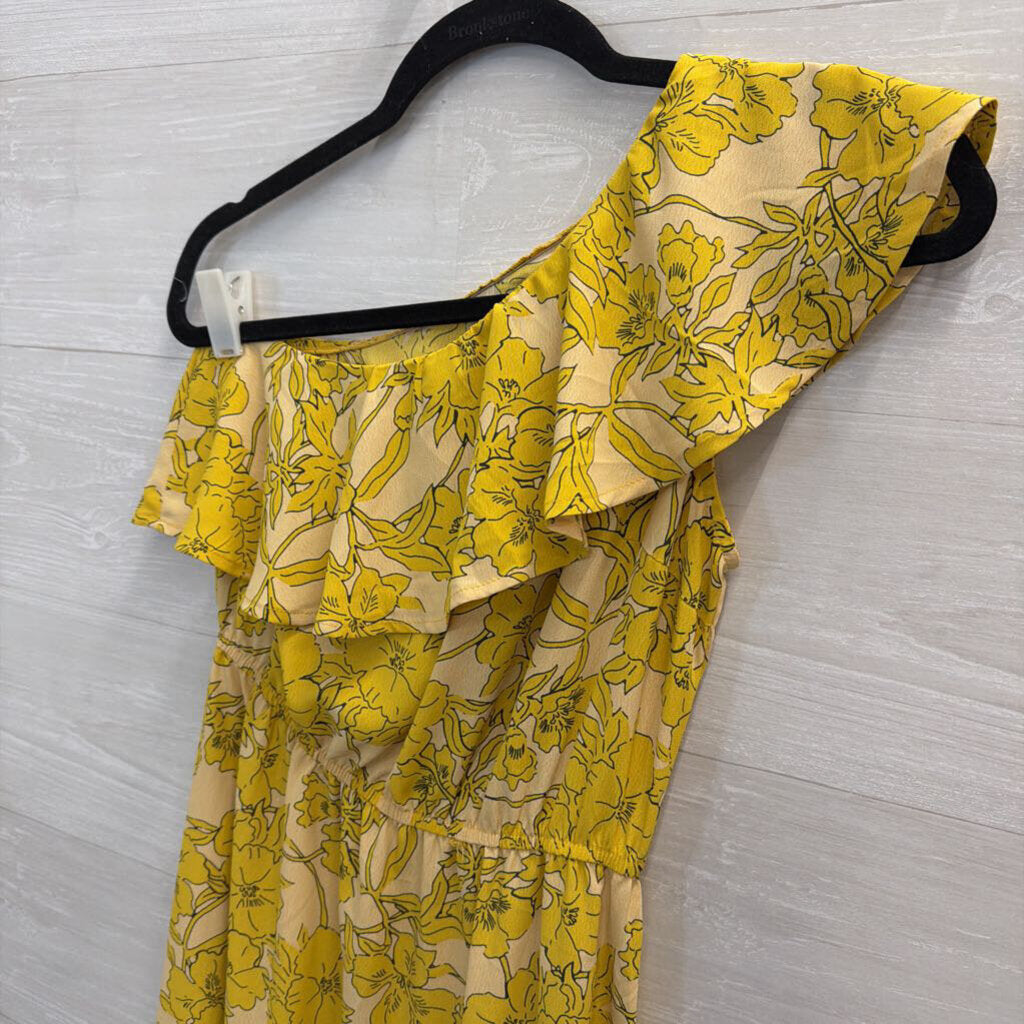 Yellow Floral Print One Shoulder Midi Dress Small