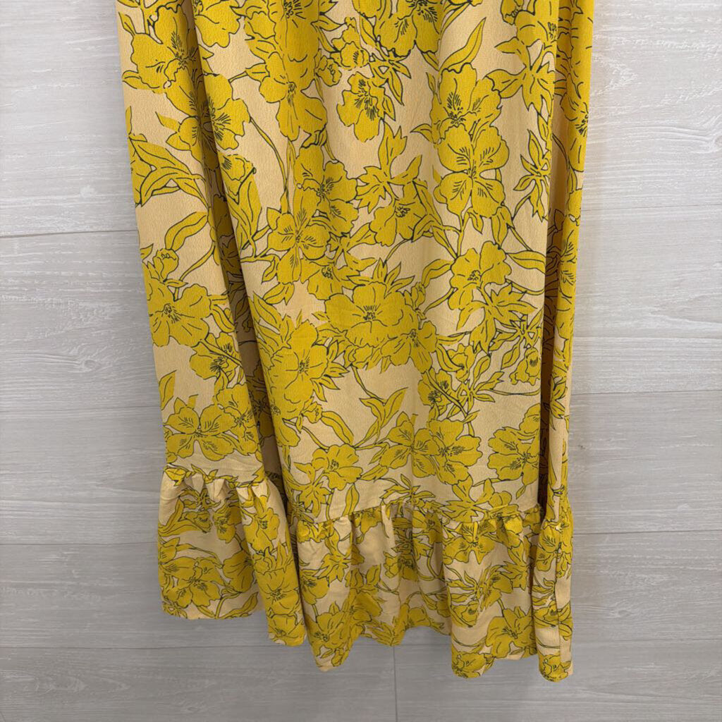 Yellow Floral Print One Shoulder Midi Dress Small