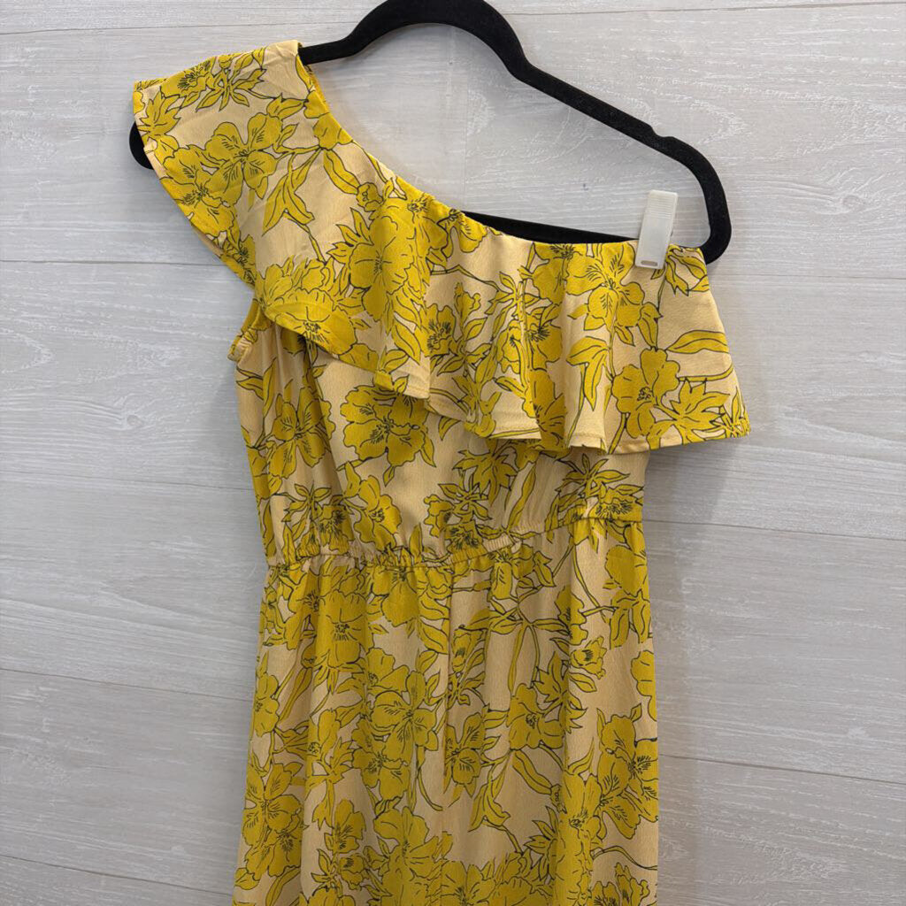 Yellow Floral Print One Shoulder Midi Dress Small