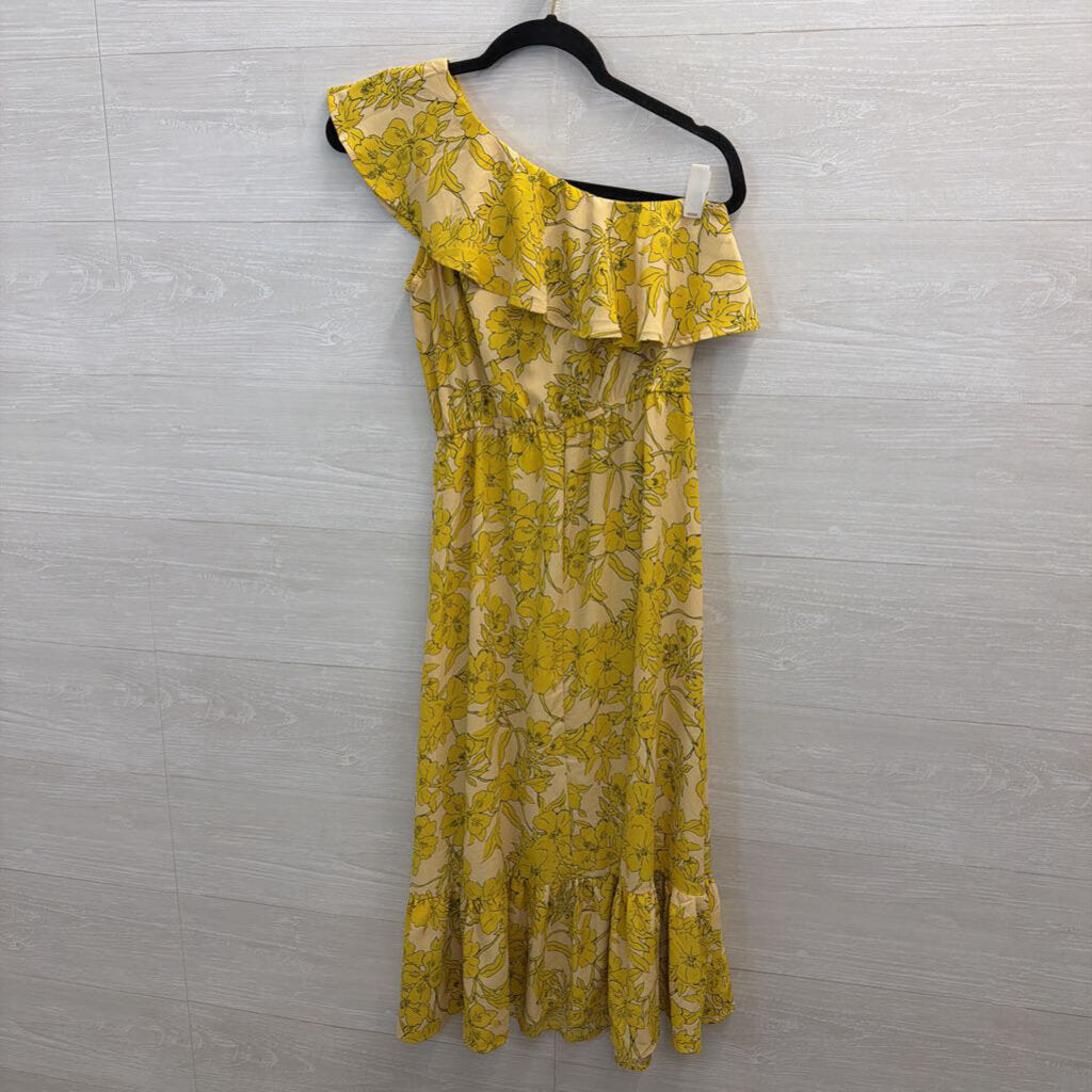 Yellow Floral Print One Shoulder Midi Dress Small