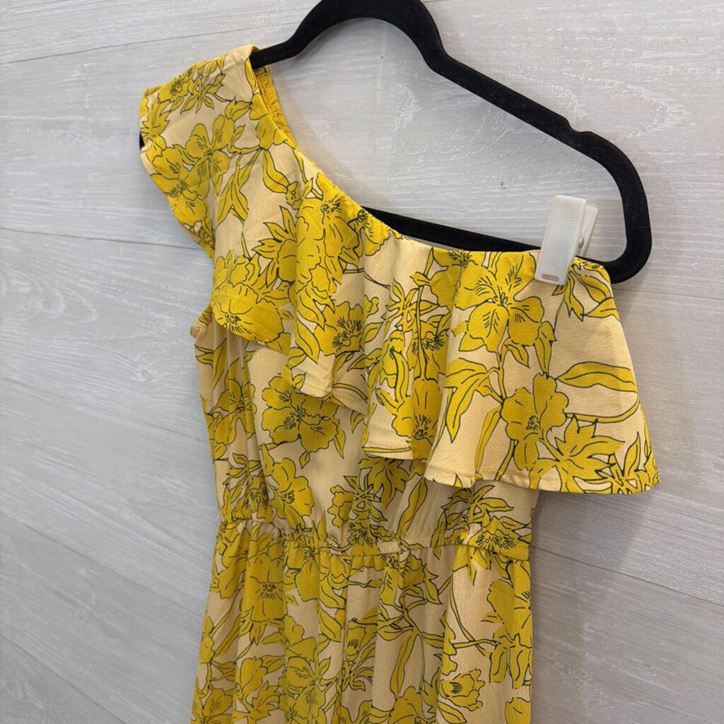 Yellow Floral Print One Shoulder Midi Dress Small