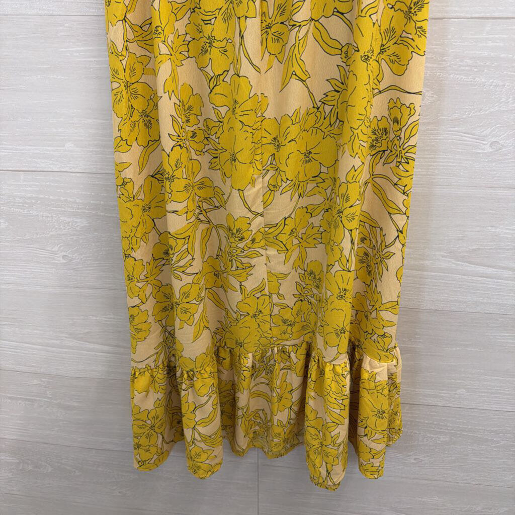 Yellow Floral Print One Shoulder Midi Dress Small