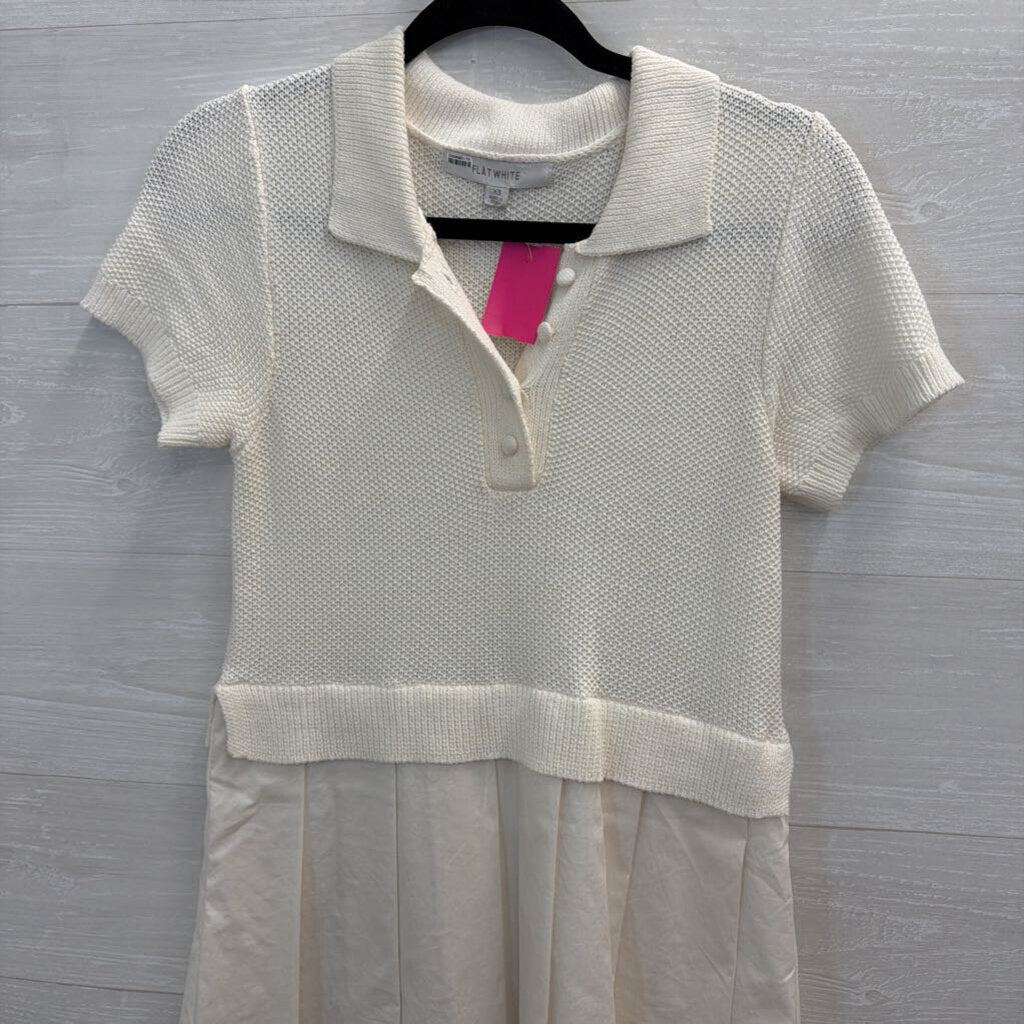 Flat White White Sweater Short Sleeve Top Pleated Skirt Layered Dress Extra Small