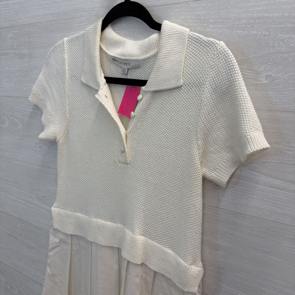 Flat White White Sweater Short Sleeve Top Pleated Skirt Layered Dress Extra Small