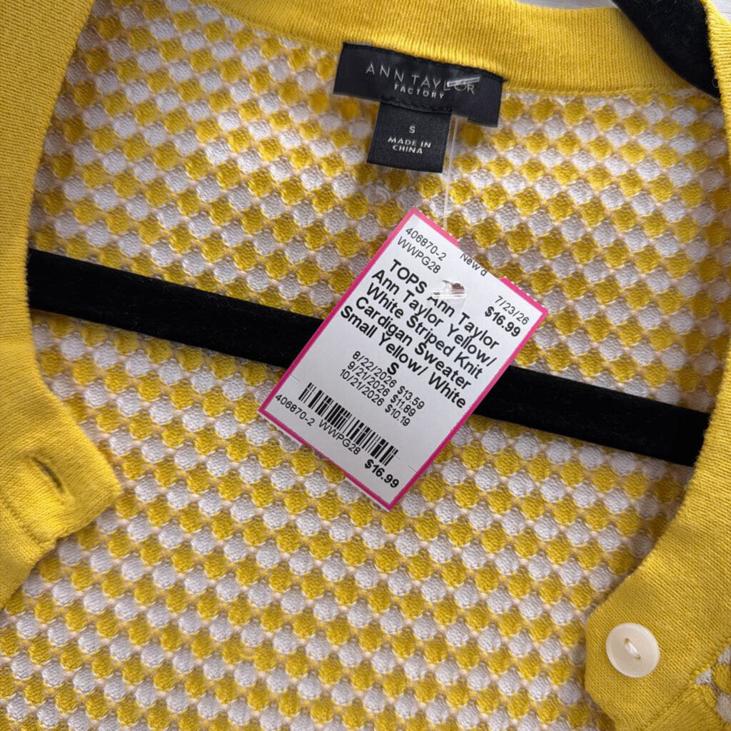 Ann Taylor Yellow/ White Striped Knit Cardigan Sweater Small