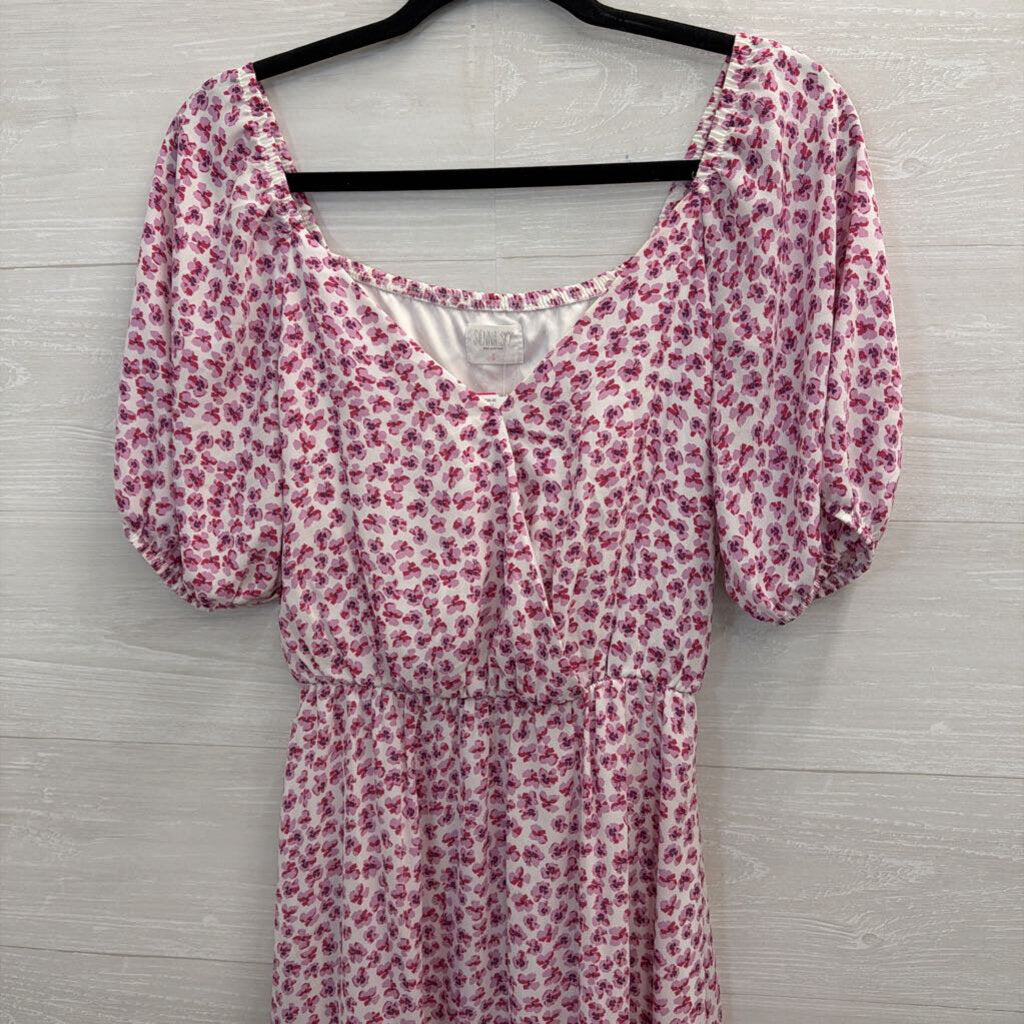 Sienna Sky White/ Purple Floral Print Short Puff Sleeve Midi Dress Small