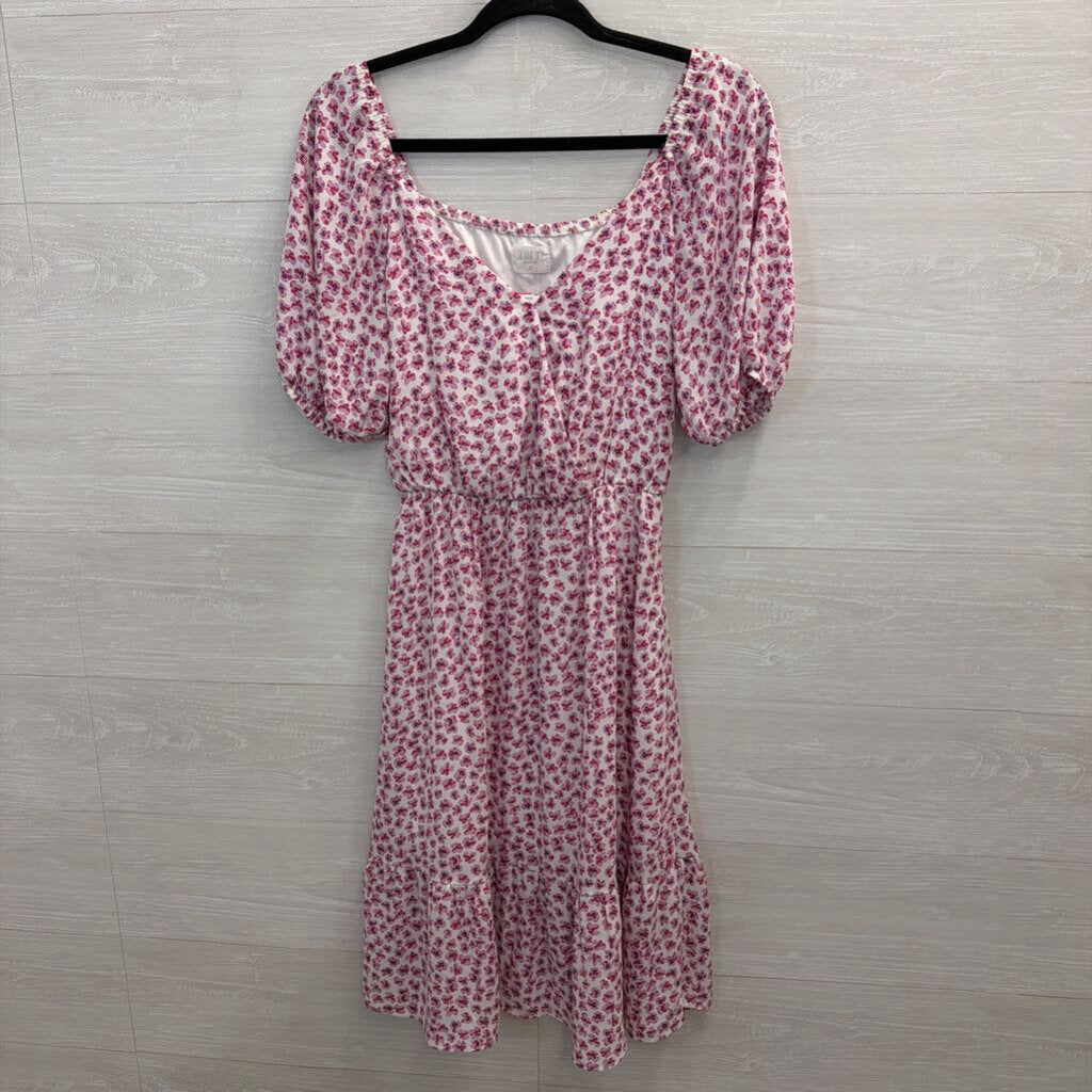 Sienna Sky White/ Purple Floral Print Short Puff Sleeve Midi Dress Small