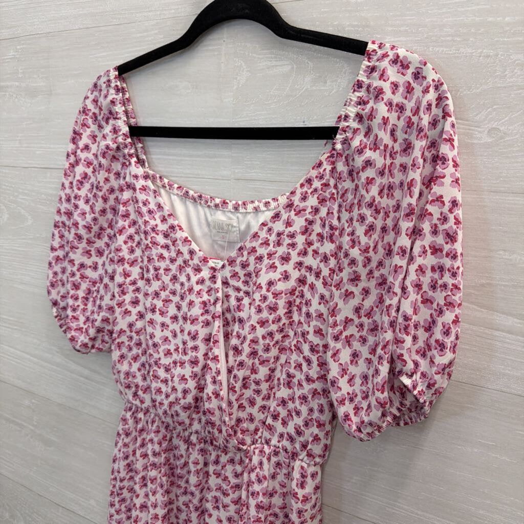 Sienna Sky White/ Purple Floral Print Short Puff Sleeve Midi Dress Small
