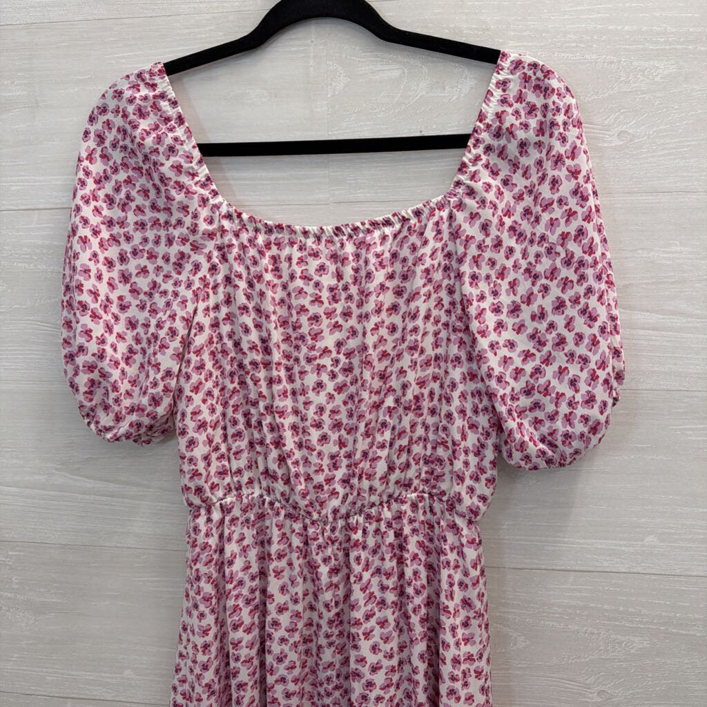 Sienna Sky White/ Purple Floral Print Short Puff Sleeve Midi Dress Small