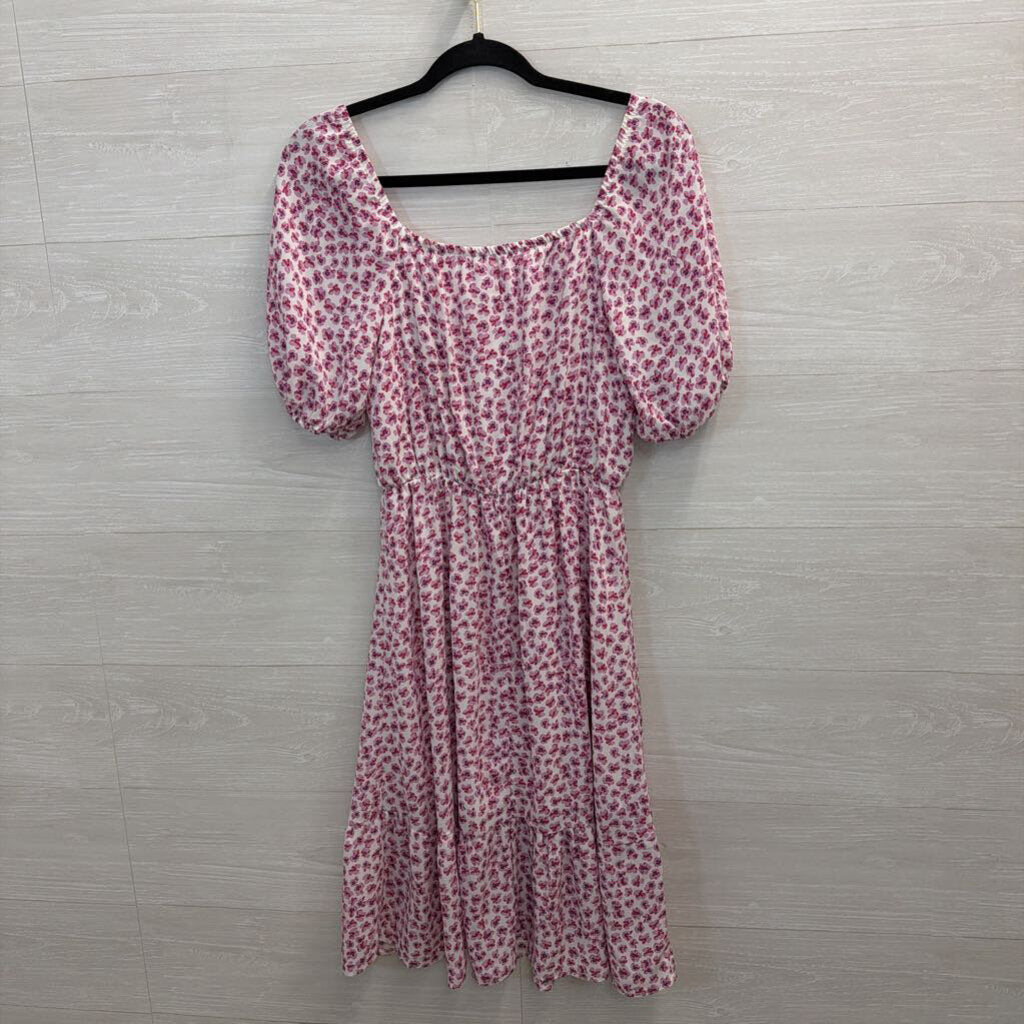 Sienna Sky White/ Purple Floral Print Short Puff Sleeve Midi Dress Small
