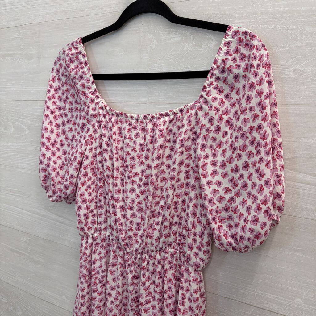 Sienna Sky White/ Purple Floral Print Short Puff Sleeve Midi Dress Small