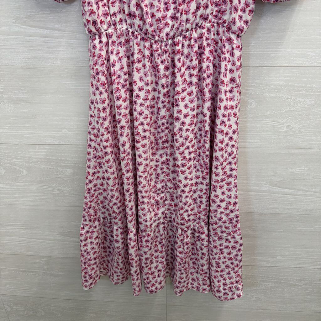Sienna Sky White/ Purple Floral Print Short Puff Sleeve Midi Dress Small