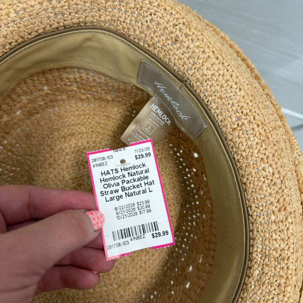 Hemlock Natural Olivia Packable Straw Bucket Hat Large