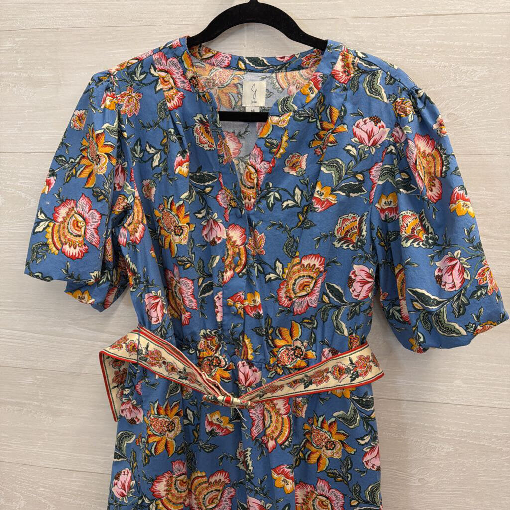 Joie Blue/ Multi Floral Print Short Puff Sleeve Belted Dress 14