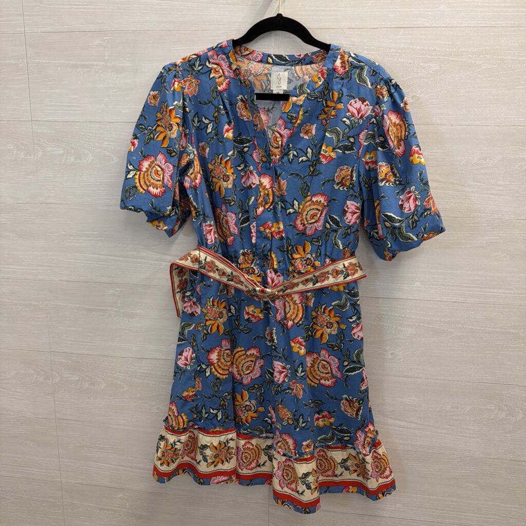 Joie Blue/ Multi Floral Print Short Puff Sleeve Belted Dress 14